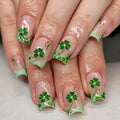St. Patrick's Day Press on Nails Short French Tip Fake Nails Lucky Shamrock False Nails Green Four Leaf Clover Glue on Nails Irish Square Acrylic Nails St. Patrick's Day Artificial Nails Set 24Pcs