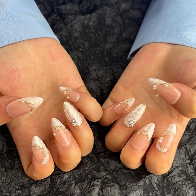 Handmade Press On Nails Short Almond,Nude Pink Acrylic Nails,Luxury Nail Press On with Charm Pearl Design for Wedding&Party Wear-True Love Design Concept