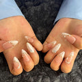 Large Handmade Press On Nails Short Almond,Nude Pink Acrylic Nails,Luxury Nail Press On with Charm Pearl Design for Wedding&Party Wear-True Love Design Concept