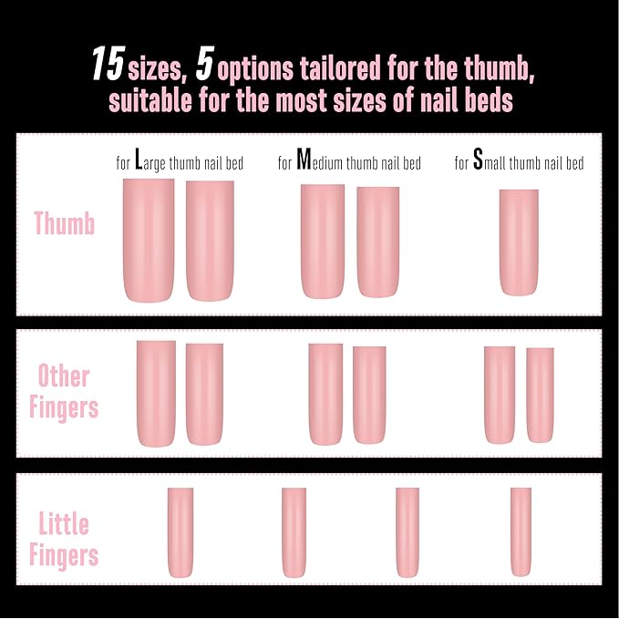 NOVO OVO Long Sharp Square Nail Tips Press on Pure Color BABY PINK, Extra Thick NEED Builder Gel & Top Coat, Soft Gel Matte Fake Nail Extension, Full Cover False Nails for Salon DIYx 15 Sizes 180 pc