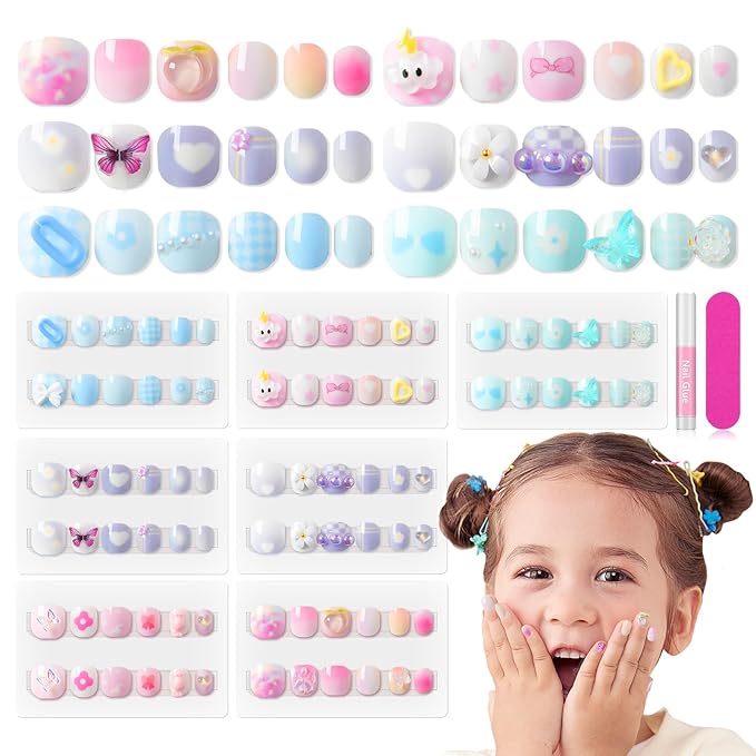 SAVILAND 3D Press on Nails for Kids: 7 Pack Kids Press on Nails for 5-9 Years Pre Glue Full Cover Short Kid Fake Nails Stick On Children Artificial False Nail Tips Fingernails Christmas Gifts for Kid