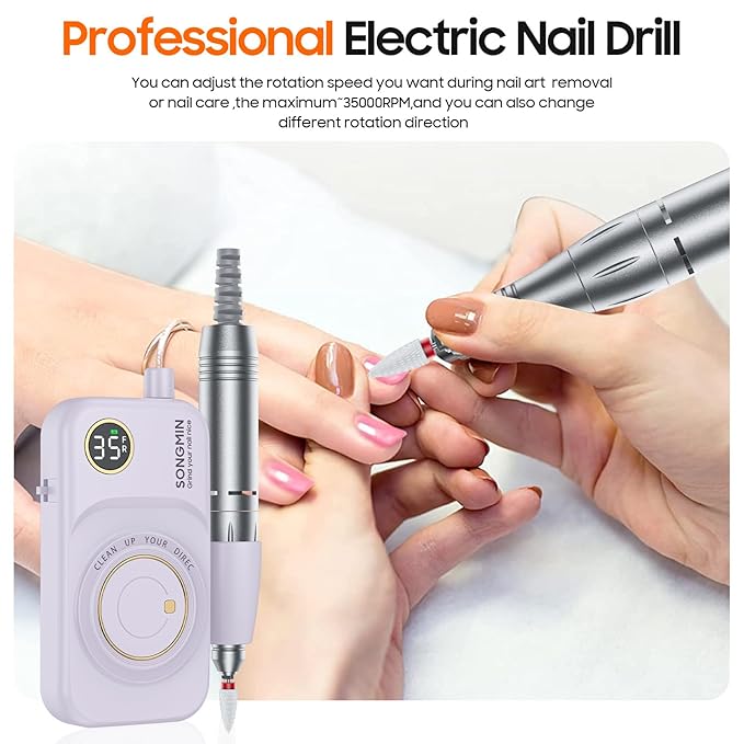 Professional Nail Drill 35000 RPM,SONGMIN Portable Cordless Efile with Bits Kit for Acrylic Nails Gel Polishing Removing,Rechargeable Electric Nail File Machine for Manicure,Pedicure Salon Home,Purple
