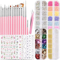 Nail Design Kit - Art Brushes, Dotting Tools, 3D Flowers & Charms, Gold Leafs, Butterfly Stickers