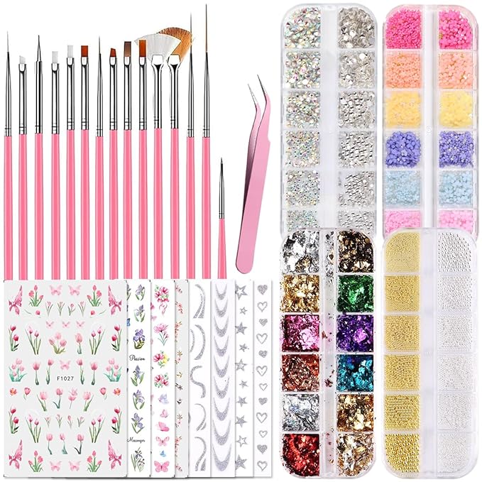 Nail Design Kit - Art Brushes, Dotting Tools, 3D Flowers & Charms, Gold Leafs, Butterfly Stickers