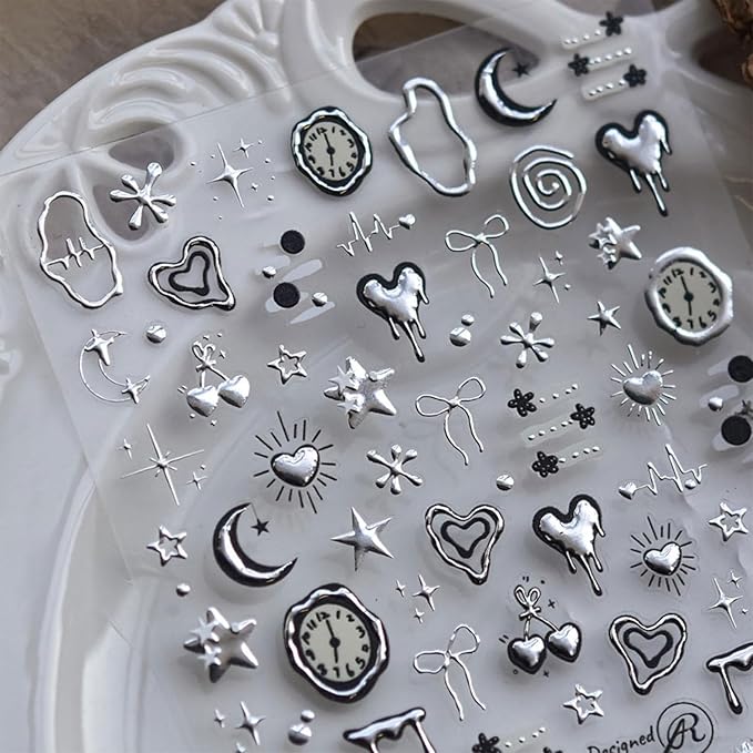 Heart Nail Stickers 5D Embossed Valentines Nail Art Stickers Silvery Nail Decals Self-Adhesive Design Sticker Star Bow Manicure Supplies Holiday Nail Art Decoration for Women