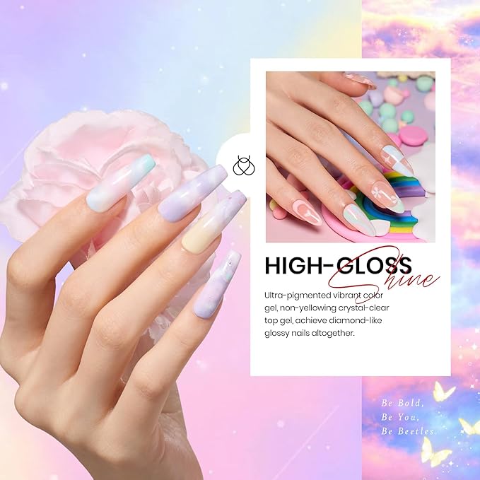 beetles Gel Polish Set - 23Pcs Macaroon Color Gel Nail Kit with Glossy Matte Top Coat Base Coat Yellow Pink White Purple Blue Glitter Bright Uv Nails Paradise Pastel Gel Spring Gifts for Women