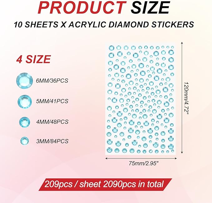 PATIKIL 2090 Pcs Acrylic Gem Sticker, 4 Size 3/4/5/6mm Self Adhesive Rhinestones Face Gem Stones Bling Jewelry for Nail Art Craft Clothes DIY Makeup Decoration Party, Sky Blue