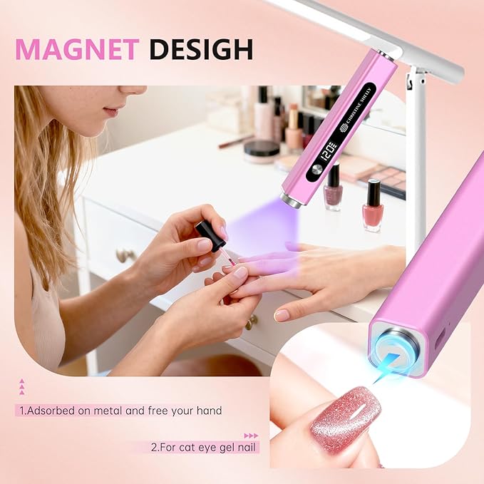 Handheld UV Light for Gel Nails, 3 in 1 Cordless UV Nail Lamp, Cat Eye Magnet & Nail Stamp Nail Light, Rechargeable Nail Dryer, Flash Cure Lamp with LED Display, Women Purple