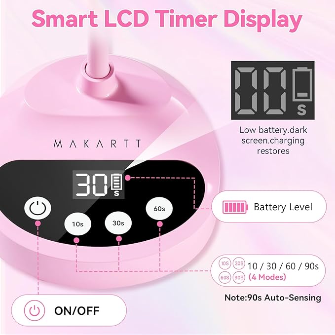 Makartt UV Nail Lamp - Gooseneck LED Nail Light with Auto Sensor & 4 Timers, Rechargeable USB Cordless Flash Cure Lamp Nail Dryer Fast Curing Gel Polish at DIY Home Salon(Pink)