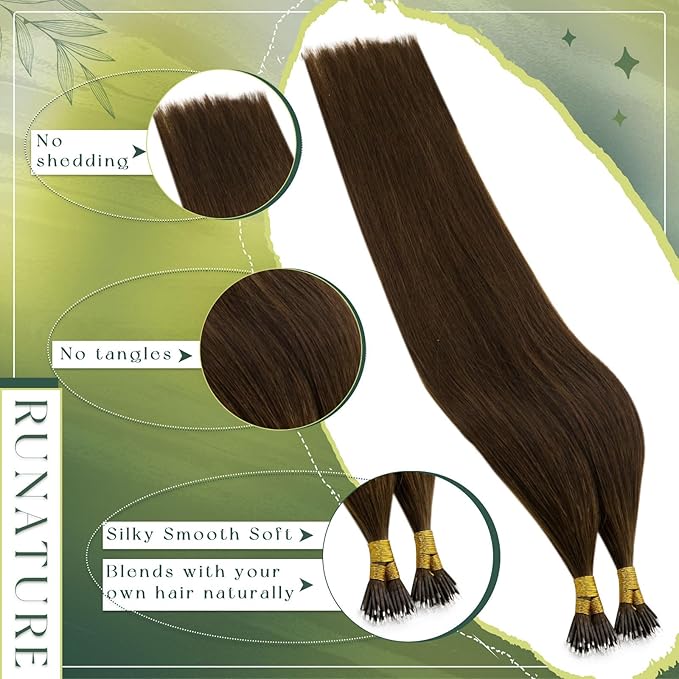 RUNATURE Brown Nano Link Human Hair Extensions, Long Nano Beads Real Hair,Straight Remy Hair,Full Ends,24 Inch,50 Gram,50 Strands