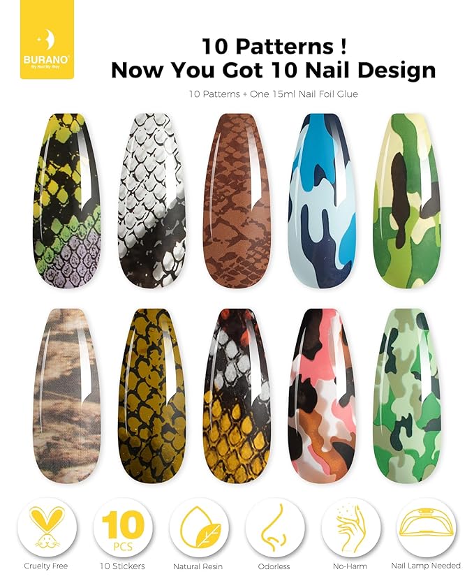 BURANO Nail Art Nail Foil Glue Gel, o.5 oz with 10PCS Foil Stickers Set Nail Foil Glue for Nails Foil Transfer Gel, Nail Design DIY UV LED Lamp Required (Snake 25)