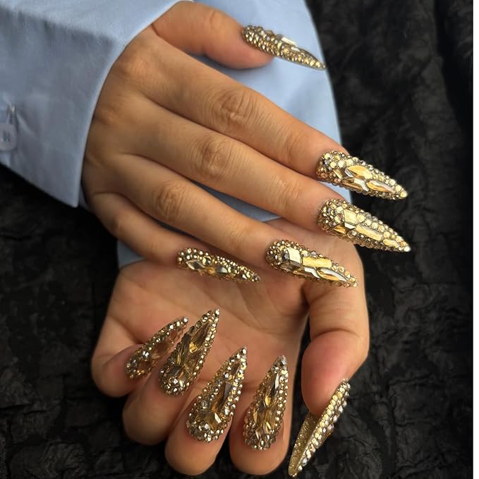 Trendy Handmade Press On Nails Long Stiletto Shape,10Pcs Bling Bling Acrylic Fake Nails with 3D Rhine Stone Luxury Design Stick On Nail for Woman Gift