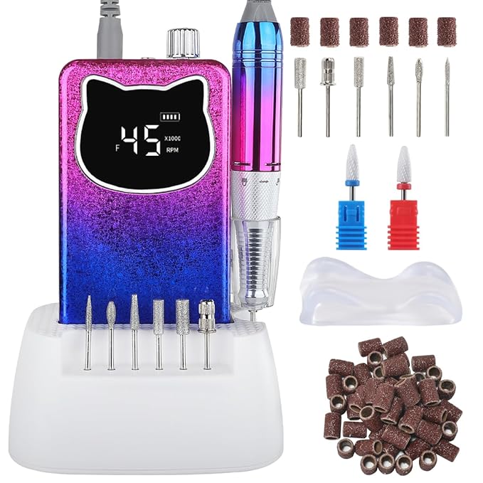 Professional Nail Drill File 45000RPM Electric Portable Kit with Rechargeable 8 uñas Bits Cordless Efile for Gel Acrylic Remover Home Salon Manicure Base Tool (Snowflake Blue and Charging Base)