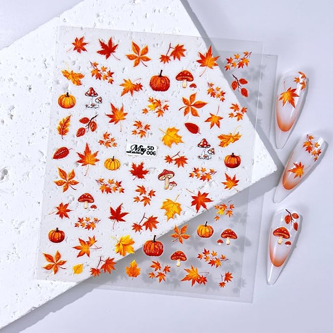 Fall Nail Stickers 5D Embossed Nail Art Stickers Autumn Nail Decals with Fox Maple Leaves Pumpkin Pinecone Designs Cute DIY Self-Adhesive Nail Art Supplies 3 Sheet