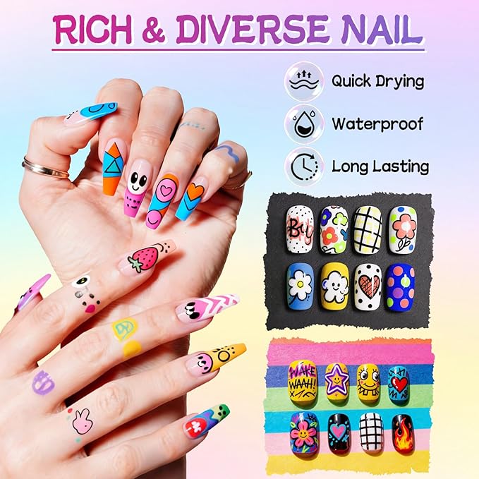 EBANKU 12 Colors Nail Art Pens Kit 1 MM Ultra-Fine Tip 3D Nail Polish Pens Quick-Dry Acrylic Paint Pens Nail Markers Dotting Tools for Holiday Nails Home & Salon Manicure