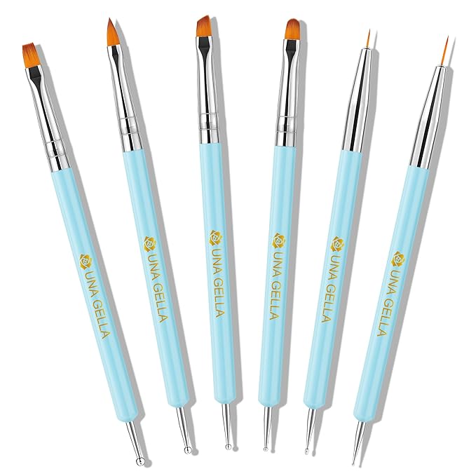 UNA GELLA Nail Art Brushes 6PCS Blue Color Nail Art Design Set with Nail Polish Extensions Gel Brush Christmas Liner Builder Nail Gel Pens Multi-Size Dotting Tools for DIY Home Salon Manicure Design
