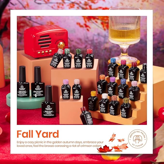 Beetles Gel Nail Polish Set - Yard Gel Polish Kit, 20 Color Orange Burgundy Red Navy Blue Glitter, Soak Off LED UV with Base Top Coat Nail Art Manicure Gift for Women