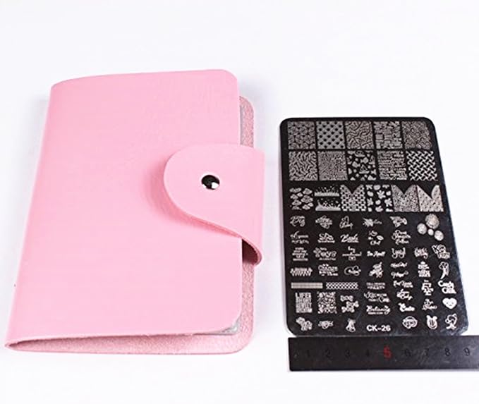 4PCS XL Stamping Nail Art Plates with 1stamper,1scraper and 1 Pcs Pink Stamping Plate Organizer