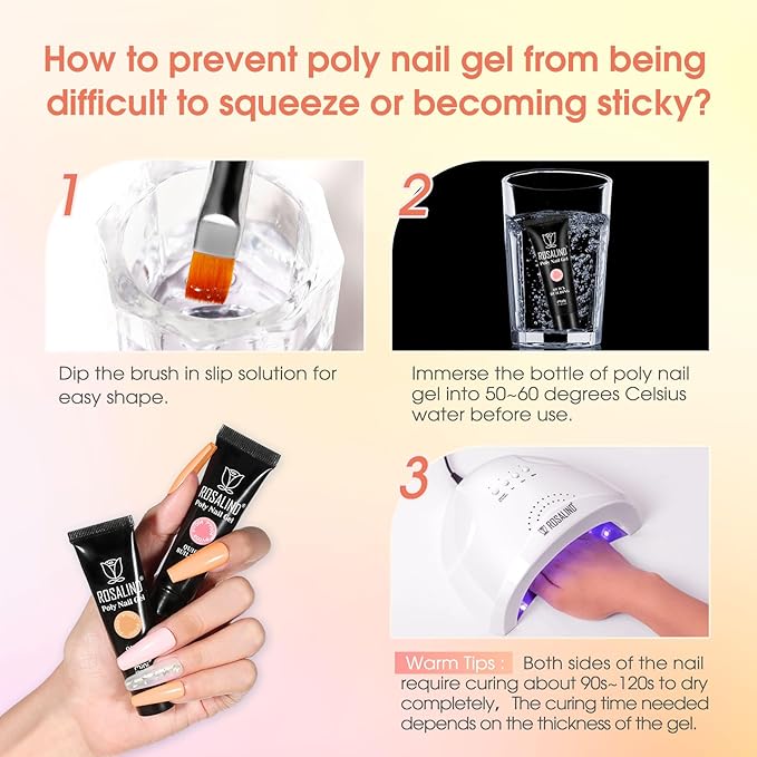 ROSALIND Nude Poly Nail Gel Kit, 14 Colors Pink Poly Nail Gels Kit with Slip Solution and Mini Lamp Poly Nails Gel Starter Kits For All Seasons Beginner DIY at Home