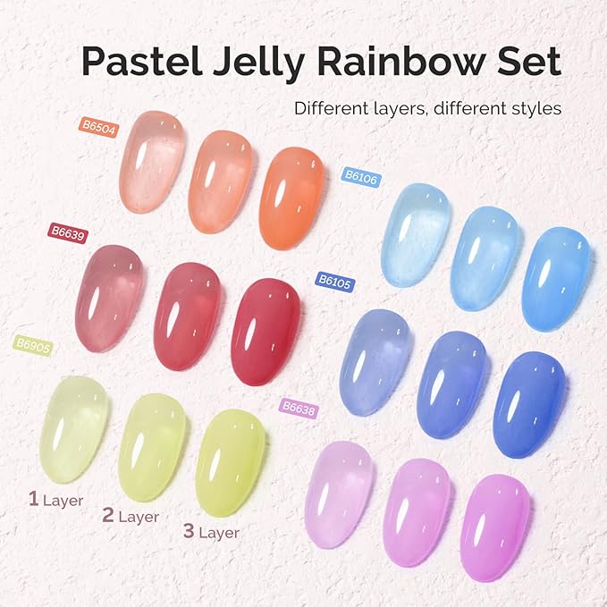 MelodySusie Jelly Gel Nail Polish Set,6 Transparent Colors,Milky or Jelly Texture,Pastel Rainbow Colors Soak Off UV LED Light Cure or Salon Manicure and Nail Art DIY at Home 15ML 0.3Fl Oz