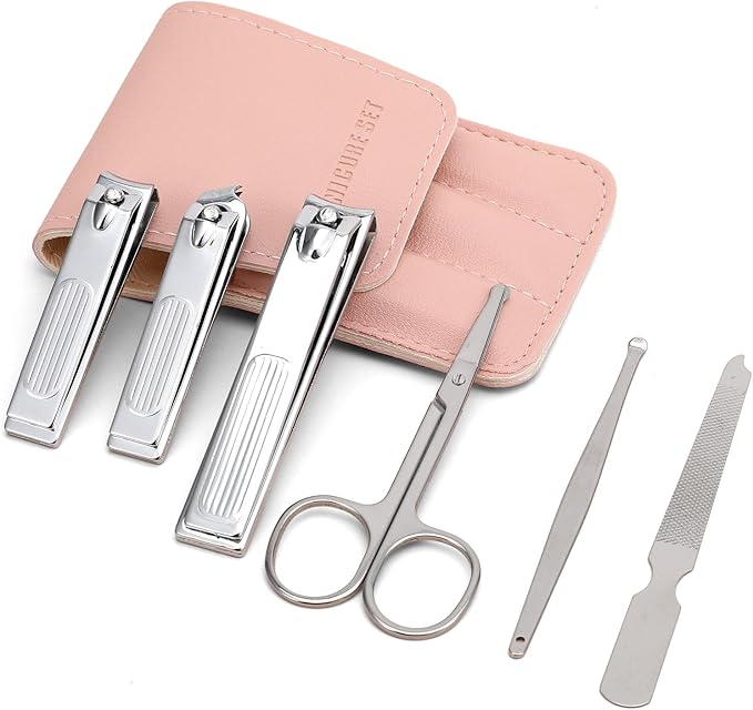 Nail Clipper Set for Women, 6 Pcs Stainless Steel Grooming Kits,Nail Care Tools with Pink Leather Bag for Adults, Suitable for Home, Workplace, Outdoor Travel, Gift Giving, Salon（Pink）
