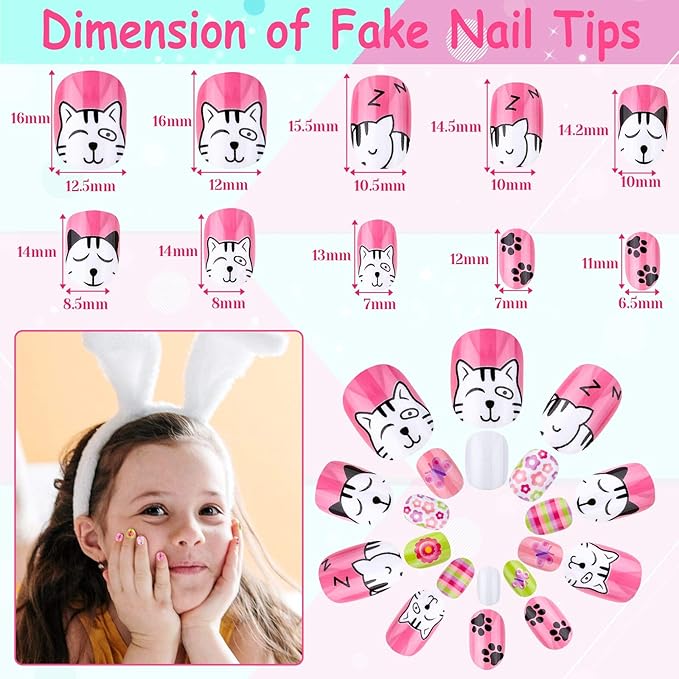 Kids Press on Nails, Thrilez 144Pcs Girls False Nails Children Artificial Fake Nail Tips Pre Glue Stick on Short Nails Decoration Gift for Kids Teens Girls Age 7 12 (Colorful Days)