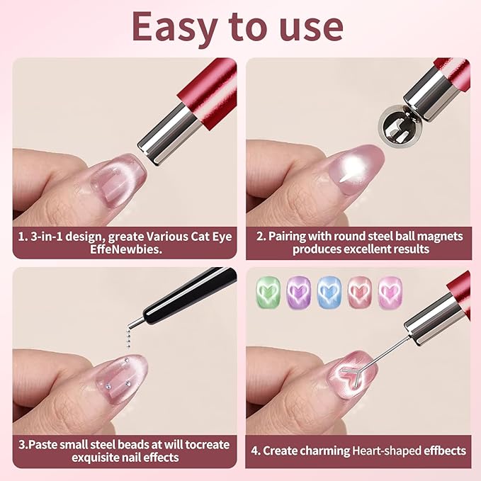 4 Pcs Cat Eye Magnet Set – Red Dual-Ended Nail Magnet With Round Bead, 2 Heart Nail Magnets for Nail Art, and Black Magnetic Bead-Pickup Pen, Magnet for Cat Eye Gel Polish DIY Nail Designs