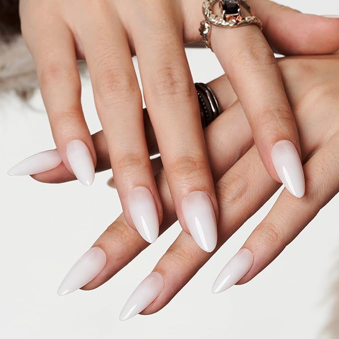 GLAMERMAID Press on Nails Medium Almond, White Ombre Gel False Nails, Glossy Short Stiletto Nude Glue on Nails Kit for Women, Reusable Short Oval Stick on Acrylic UV Finish Fake Nails Manicure Set