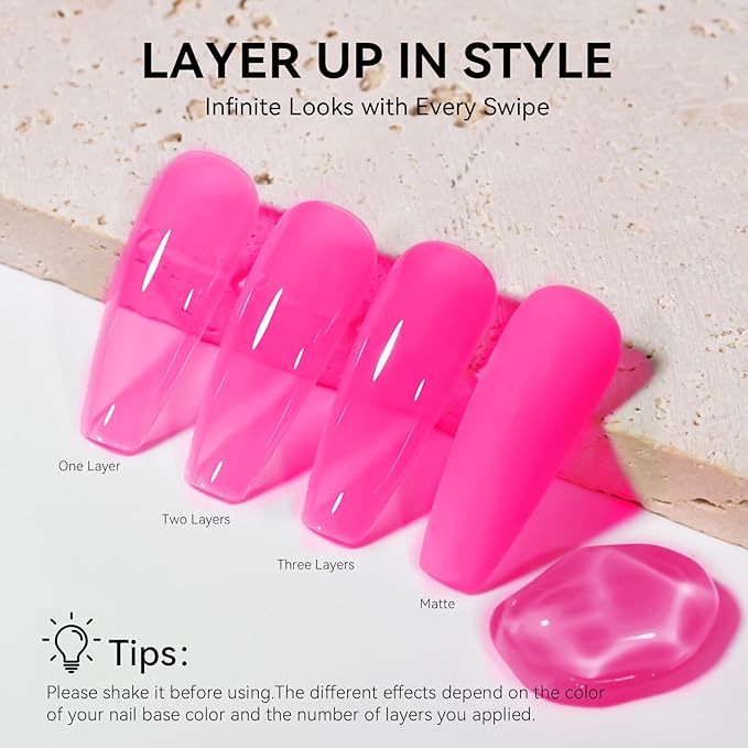 MEGIOR Hot Pink Jelly Gel Nail Polish 0.5 Fl Oz Pink Transparent Colors Soak Off UV LED Lamp Light Cure Gel Polish Kit for Salon and Nail Art Starter Manicure DIY at Home