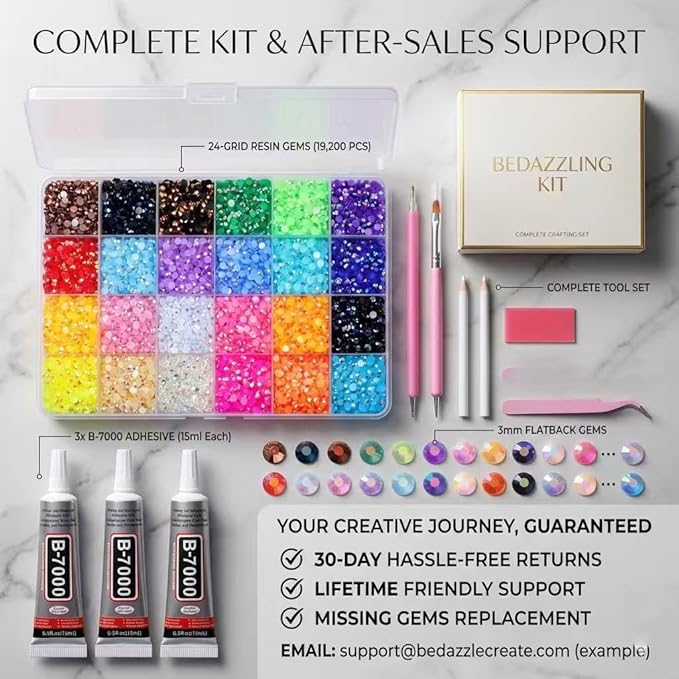 Bedazzling Kit 19200Pcs 3mm Flatback Rhinestones，24 Colors Jelly Resin Gems with 3Pcs B7000 Jewelry Glue for Clothes Crafts Shoes Decor NAI (24 Colors)