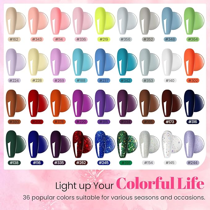 phoenixy 40 PCS Gel Nail Polish Kit, 36 Colors Gel Nail Polish Set with Base Top Coat Pink Blue Red at Home Nail Kit Christmas Gifts for Women