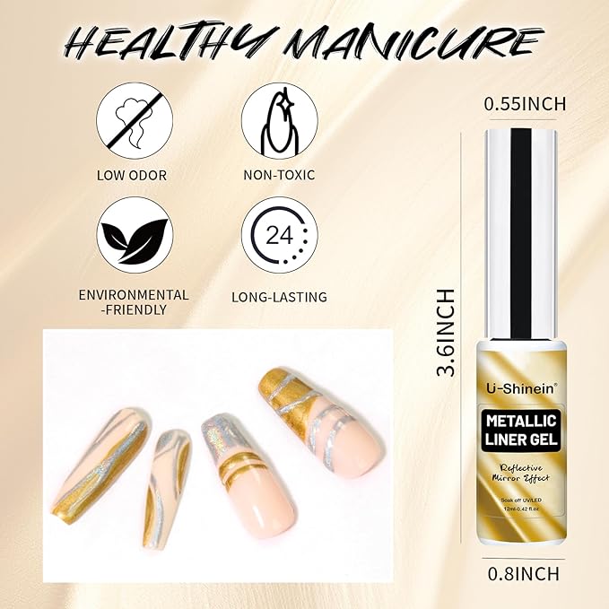 12ml Metallic Painting Gel Liner Nail Art 3D Mirror Chrome Effect Nail Polish Metal Painted Drawing Build in Thin Brush Soak Off UV/LED Gold Striper Gel for Salon Home DIY Manicure