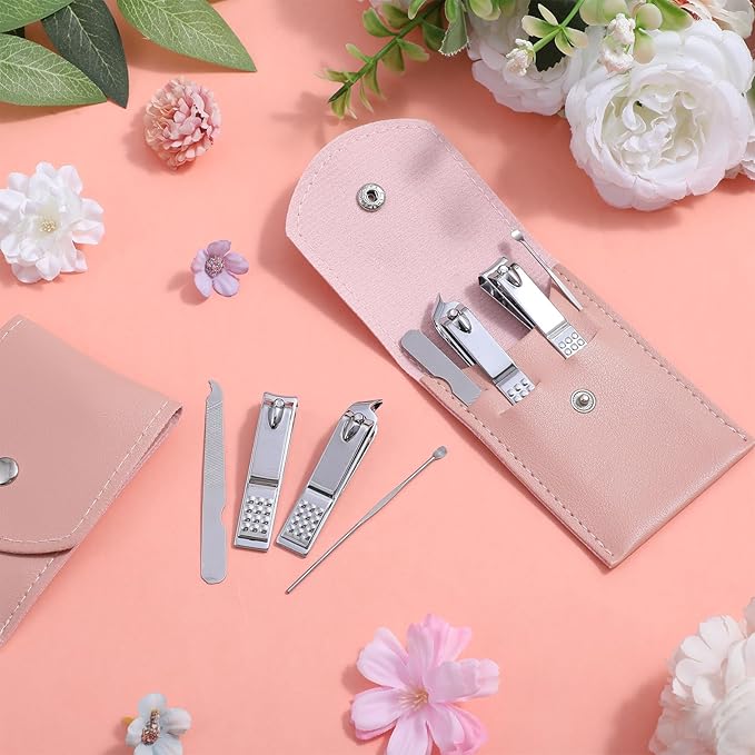 24 Sets Manicure Set Bulk, Pink Nail Clippers Kit Stainless Steel Fingernail Clippers Set, Sturdy Nail Tip Cutter Trimmers Professional Grooming Toenail Clipper Personal Pedicure Kits Gift (4 in 1)