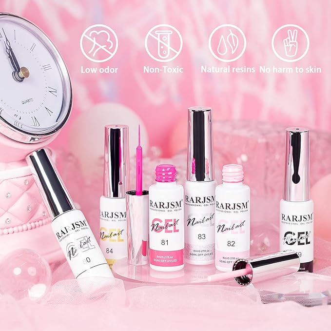 RARJSM Gel Liner Nail Art Polish Set of 6pcs Popular Color Black White Pink Rose Red Glitter Silver Gold Curing Requires Soak off 8ml Build in Thin Nail Sharp Brush for Home DIY Salon Nail Design