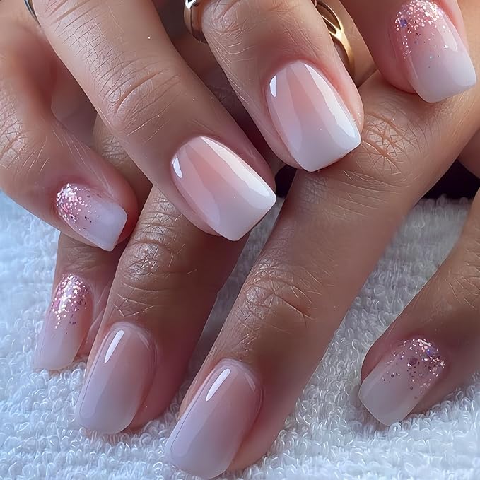 Ombre Press on Nails Short Square MABKJLF Nude Pink Fake Nails False Nails with Designs Pink Glitter Gradient Natural Nails Full Cover Glossy Glue on Nails Stick on Nails for Women Girls 24 Pcs