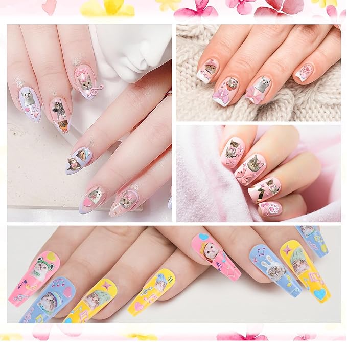 Keluna Cat Nail Art Stickers - 6 Sheets 5D Cute Cat Nail Sticker, Kawaii Animal Nail Decals, Cartoon Paw Print Bow Nail Decal Designs for Women Girls DIY Manicure Decoration Accessories