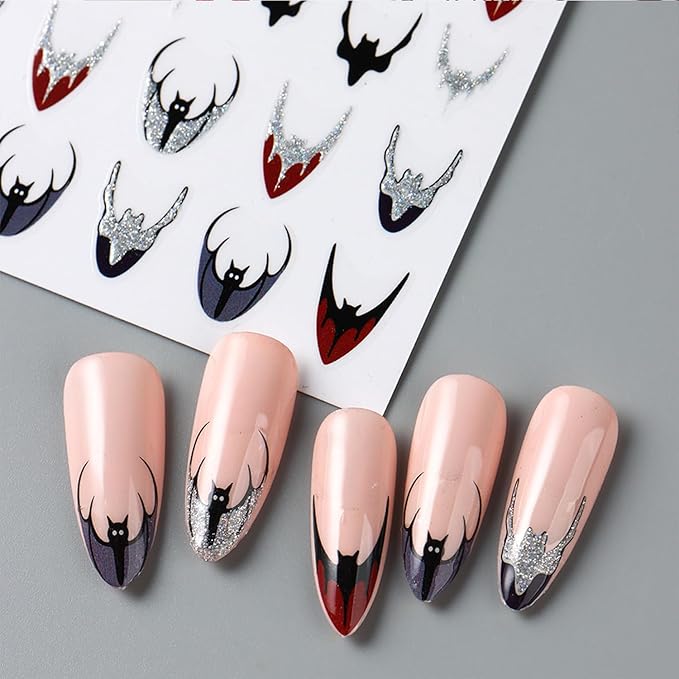 8 Sheets Halloween Nail Art Stickers Decals Colorful Bat French Tip Nails Stickers Black Spider Web Blood Drop Nails Decals Self-Adhesive Skeleton Nail Art Decal for Women Halloween Decor