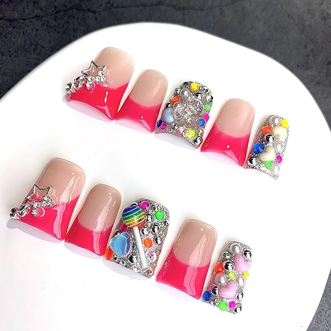 Duck Press on Nails Medium Luxury Handmade Fake Nails Red French Tip False Nails with Glue Charms Design Muti-Layer Gel Thick Press ons Nail Reusable Nail for Women 10Pcs (Size M)