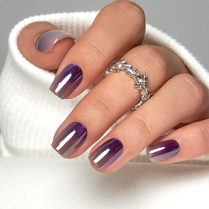 CurvLife Press On Nails Short Square – Purple Ombre Fake Nails, Reusable Soft Gel Glue On Nails with Adhesive Tabs, Natural Fit, Salon Quality for Women