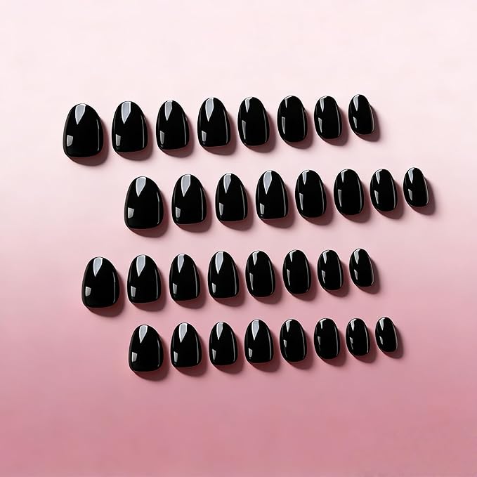 KQueenest Press On Nails Short - Black Press On Nails Oval, 32 Pcs 16 Sizes Natural Short Fake Nails Press ons Almond, Reusable Opaque Glossy Dark Gel Glue on Nail with Glue for Everyday Office Wear