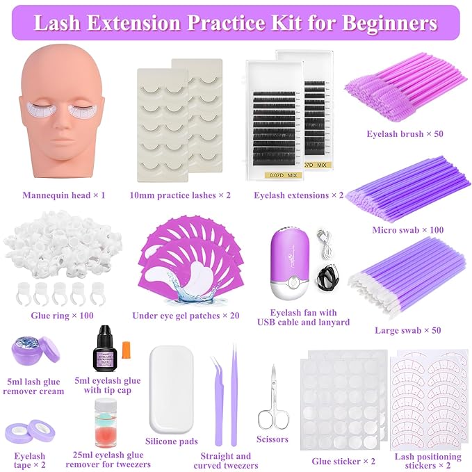 442 PCS Lash Kit for Eyelash Extension, Professional Lash Extension Training Kit: Mannequin Head, Lash Cluster, Fan Dryer, Lash Glue, Eyelash Remover, Lash Extension Supply Tool for Beginner Practice