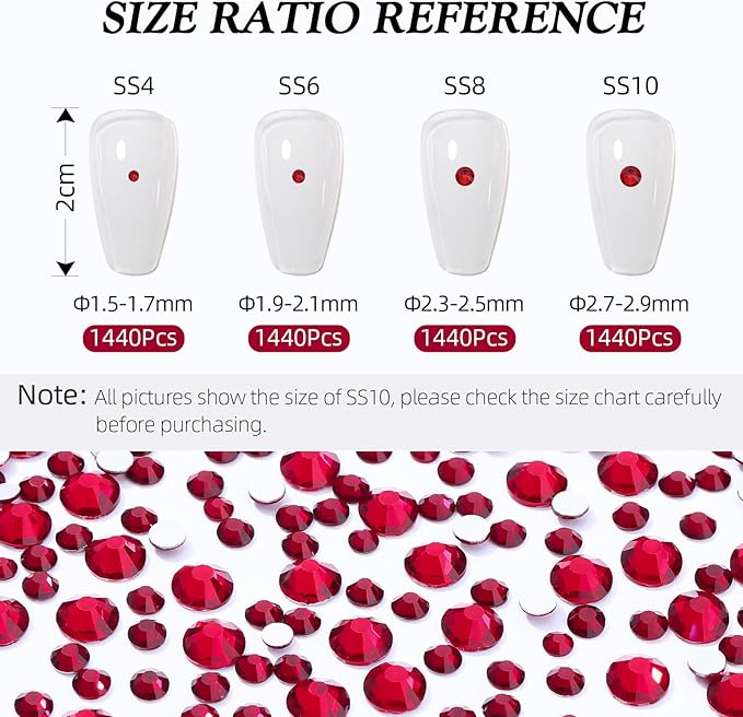 Siam Flatback Rhinestones, Glass Rhinestones for Nail Art and Craft, Glue Fix, Loose Crystal Gemstones(Siam, SS6, 1440pcs, 1.9-2.0mm)
