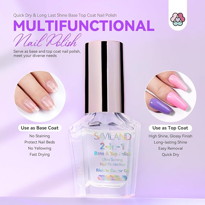 SAVILAND Clear Nail Polish Base Top Coat: 2 in 1 Quick Dry Nail Polish Long Lasting Fingernail Toe Polish Color Protection Resists Smudging, Chipping and Fading Shine Finish Polish Salon Home Nail Art