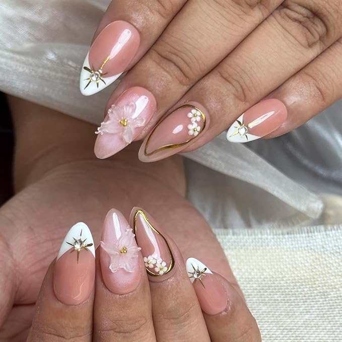 Short Brown French Tip Press On Nails ，3D Metallic Rhinestones style Design Handmade Press On Nails ，Reusable Glam Art Acrylic False Nails (10 PCS)