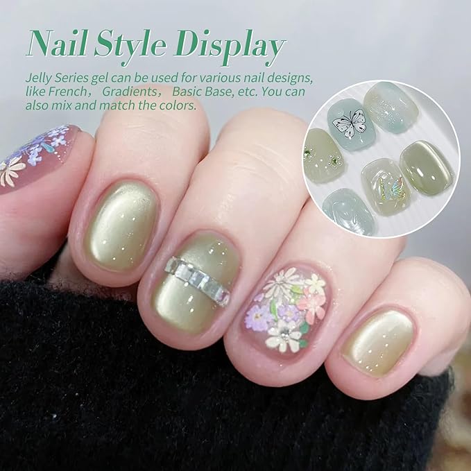 Born Pretty Green Gel Nail Polish,Spring Summer Jelly Transparent Gel Polish,Cat Magnetic Eye,Shimmer Glitter Green Gel Polish Kit for Salon Manicure and Nail Art DIY at Home 6Colors