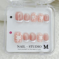 Handmade Press on Nails White French Press on Nails Short Square Fake Nails with Flower Designs Pink Sparkling False Nails Stick on Nails for Women DIY Accessories (Size S)