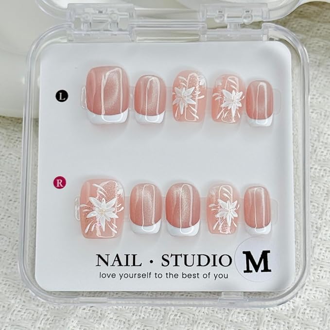 Handmade Press on Nails White French Press on Nails Short Square Fake Nails with Flower Designs Pink Sparkling False Nails Stick on Nails for Women DIY Accessories (Size S)