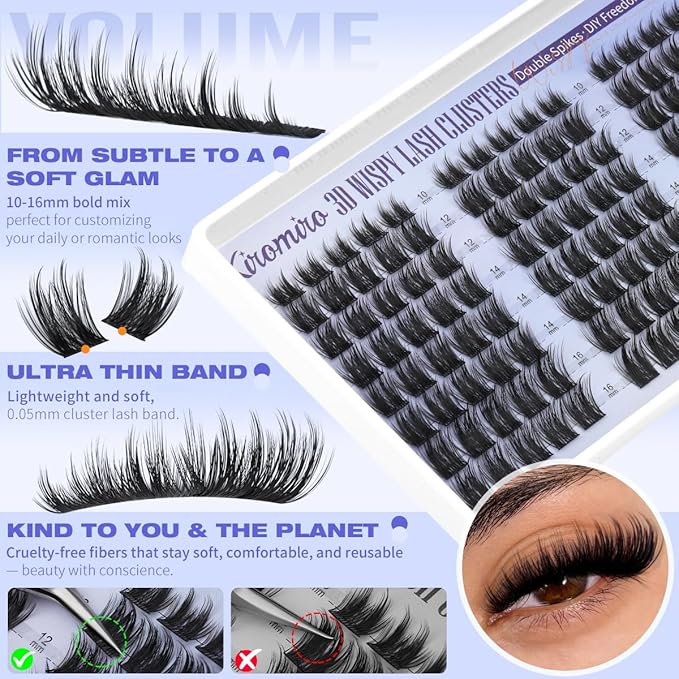 Kiromiro Wispy Lash Clusters Spike Cluster Eyelash Extensions Volume Eye Lash Clusters 10-16mm DIY Lashes Extension Natural Eyelash Clusters