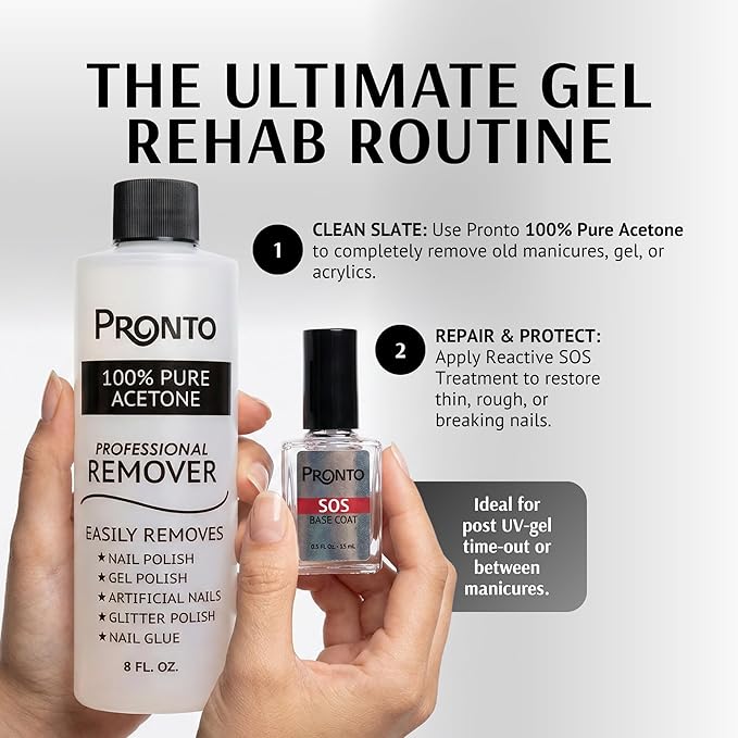 Pronto SOS Nail Rehab Kit | Nail Repair Treatment + 8oz Pure Acetone Polish Remover, Post-Gel Recovery Set for Damaged, Weak & Brittle Nails