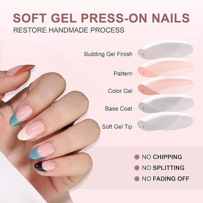 French Tip Press On Nails - Almond Short Fake Nails With Glue, 16 Sizes, 32Pcs Reusable Soft Gel False Tips Kit, Glue On Short Artificial Nail (Multicolor Tip)